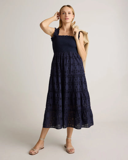 100% Organic Cotton Eyelet Smocked Midi Dress - XS / White