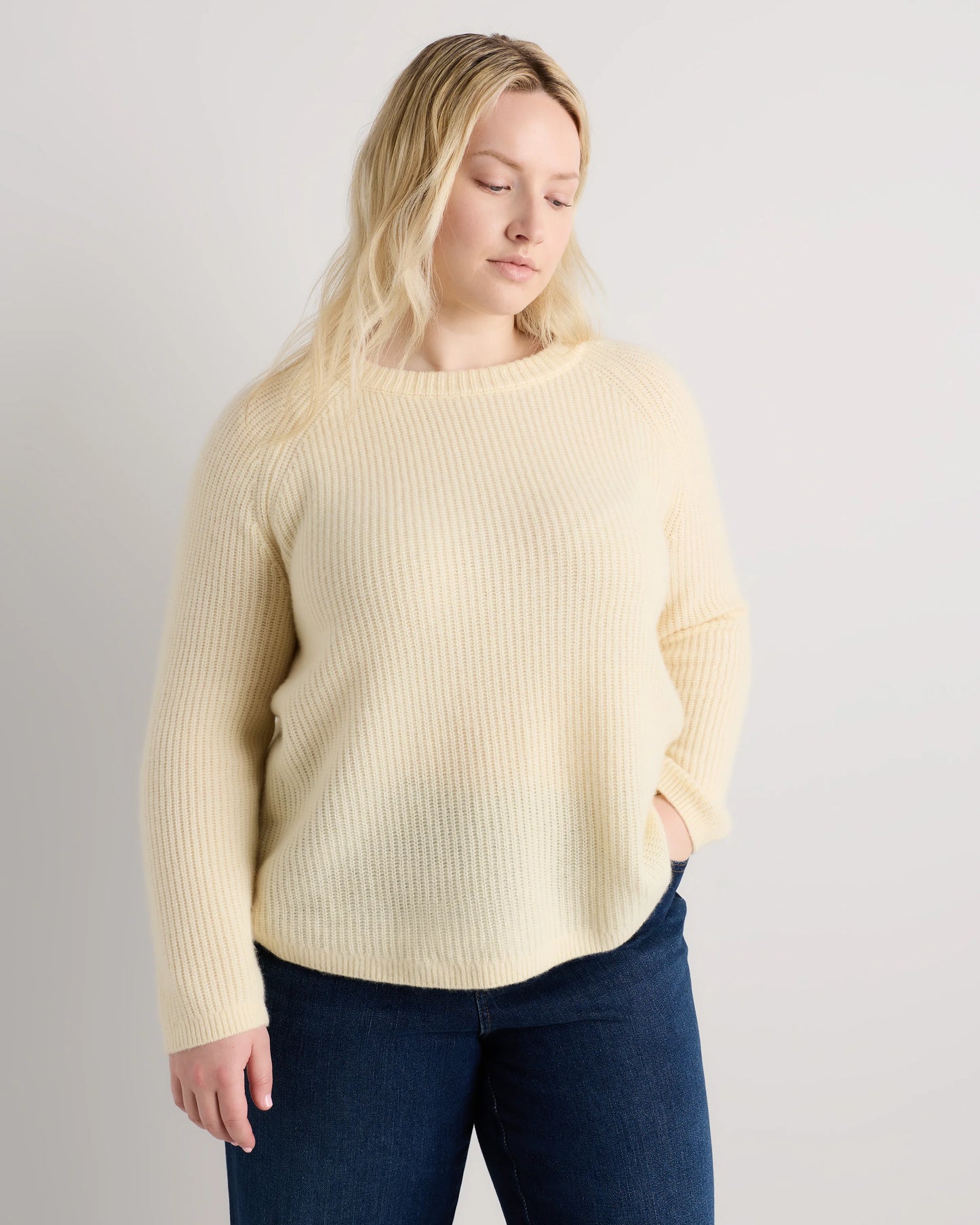 Mongolian Cashmere Fisherman Crewneck Sweater - 1X / Pale Custard Yellow