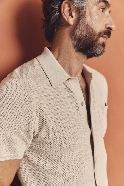 100% Organic Cotton Mesh-Stitch Button-Up Sweater Polo - XS / Speckled Beige