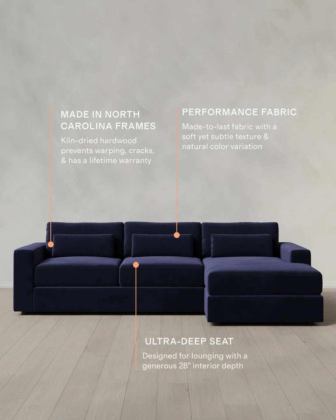 Ashford Deep Seat Chaise Sectional in Performance Velvet - 119" Right Arm / Rust