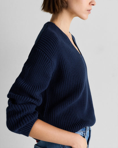 100% Organic Cotton Fisherman V-Neck Sweater - XS / Heather Brown