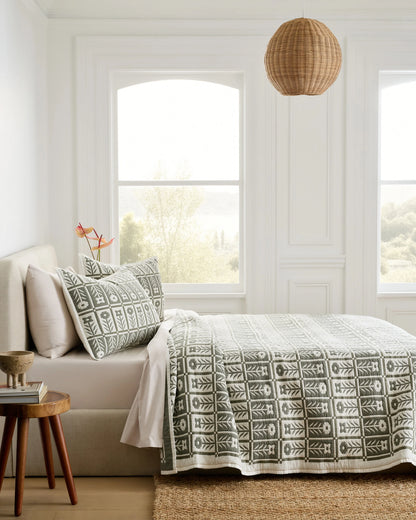 Organic Cotton Jacquard Floral Coverlet - Twin / Blue Fog