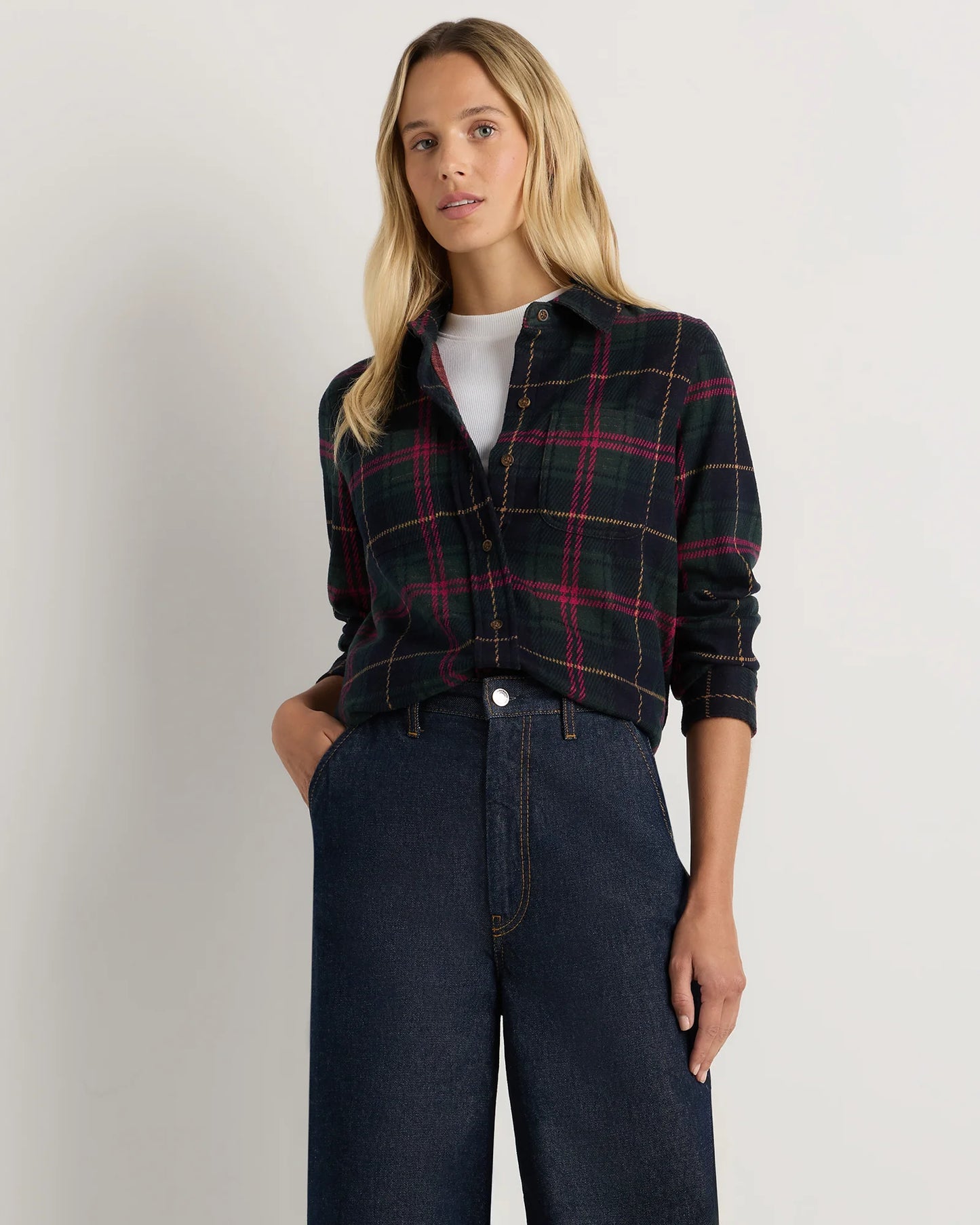 Stretch Sweater Fleece Shirt - XS / Navy/Red/Yellow Check