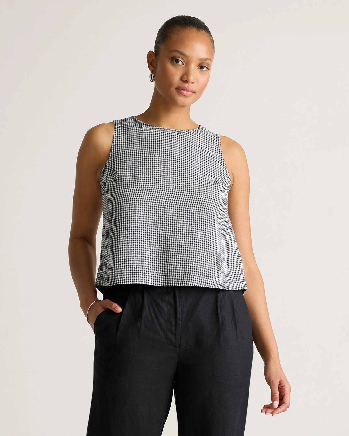 100% European Linen Cropped Tank - XS / Taupe Brown Gingham