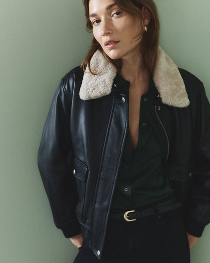 100% Leather Shearling Trim Aviator Jacket - XS / True Black