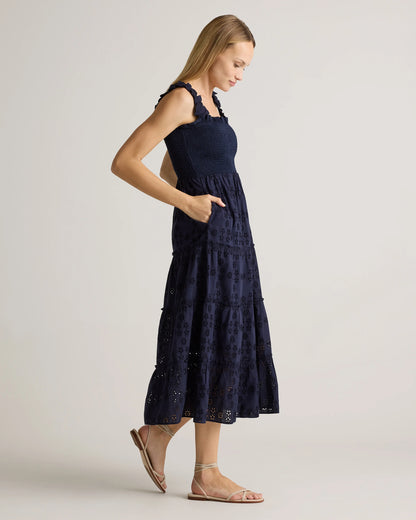 100% Organic Cotton Eyelet Smocked Midi Dress - XS / White