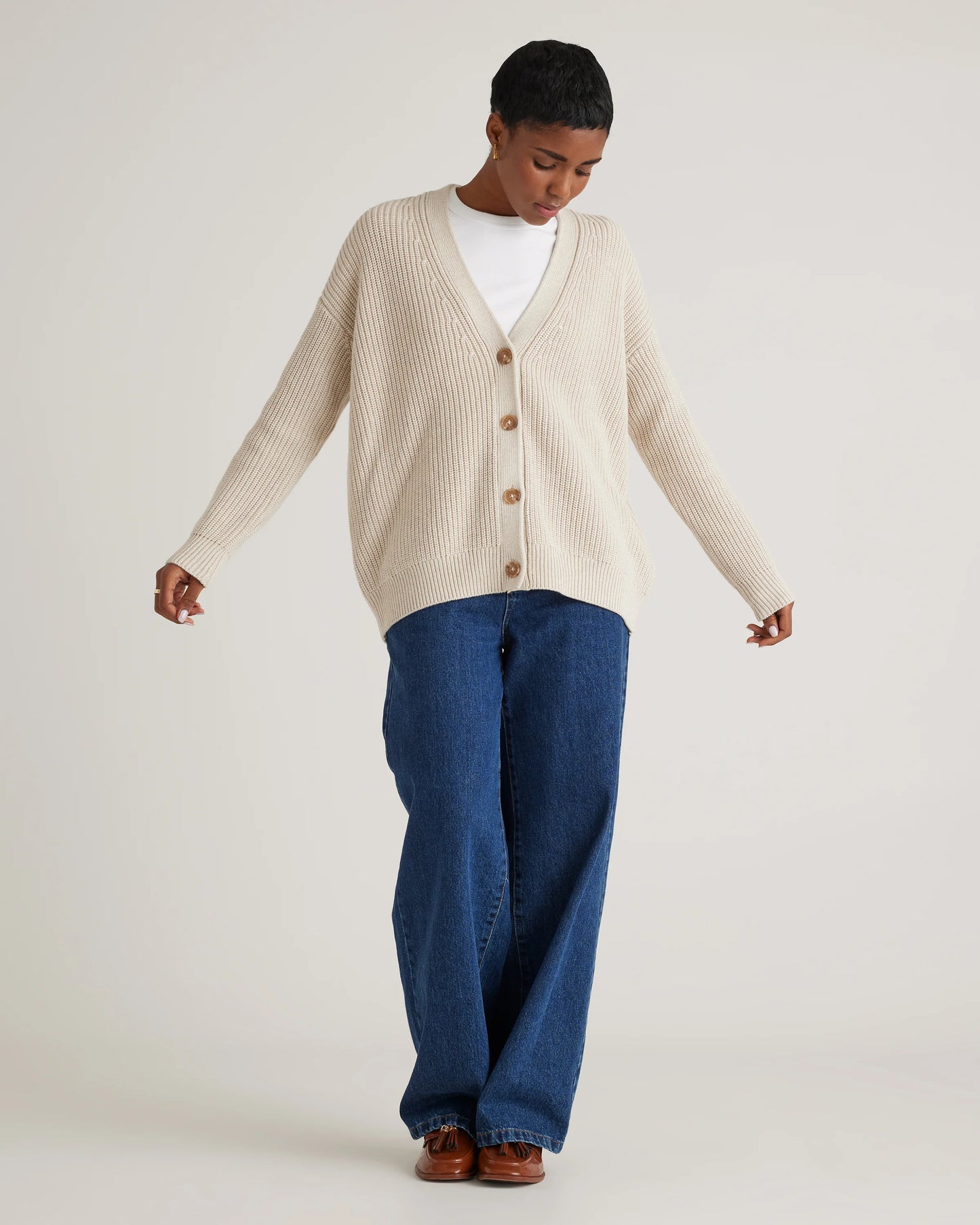 100% Organic Cotton Oversized Boyfriend Cardigan - XS / Speckled Beige