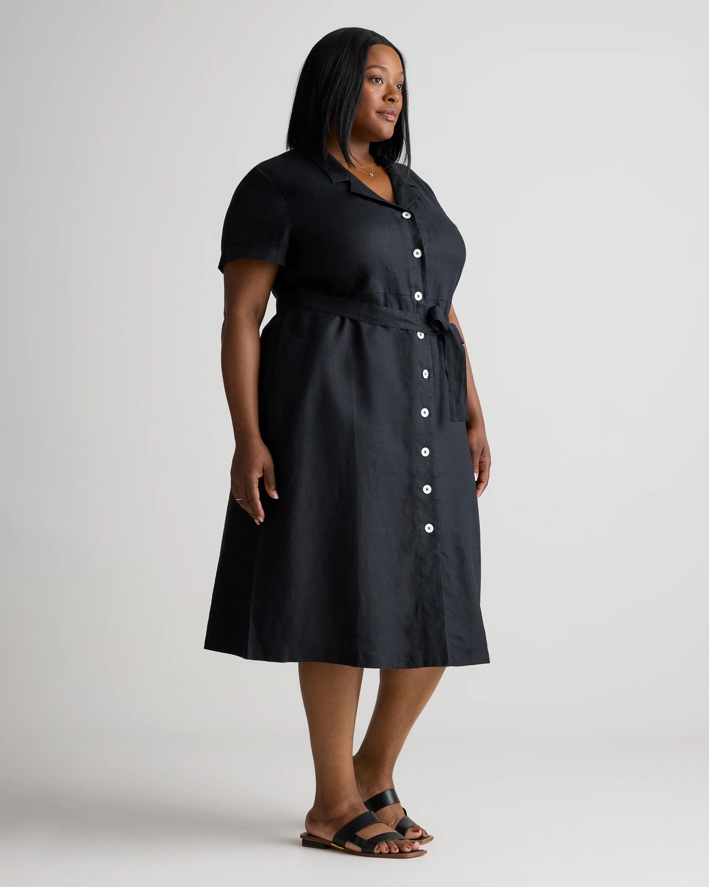 100% European Linen Button Front Dress - 1X / Blue Pinstripe