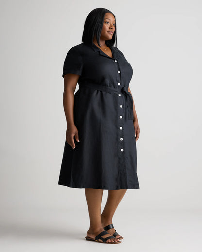 100% European Linen Button Front Dress - 1X / Blue Pinstripe