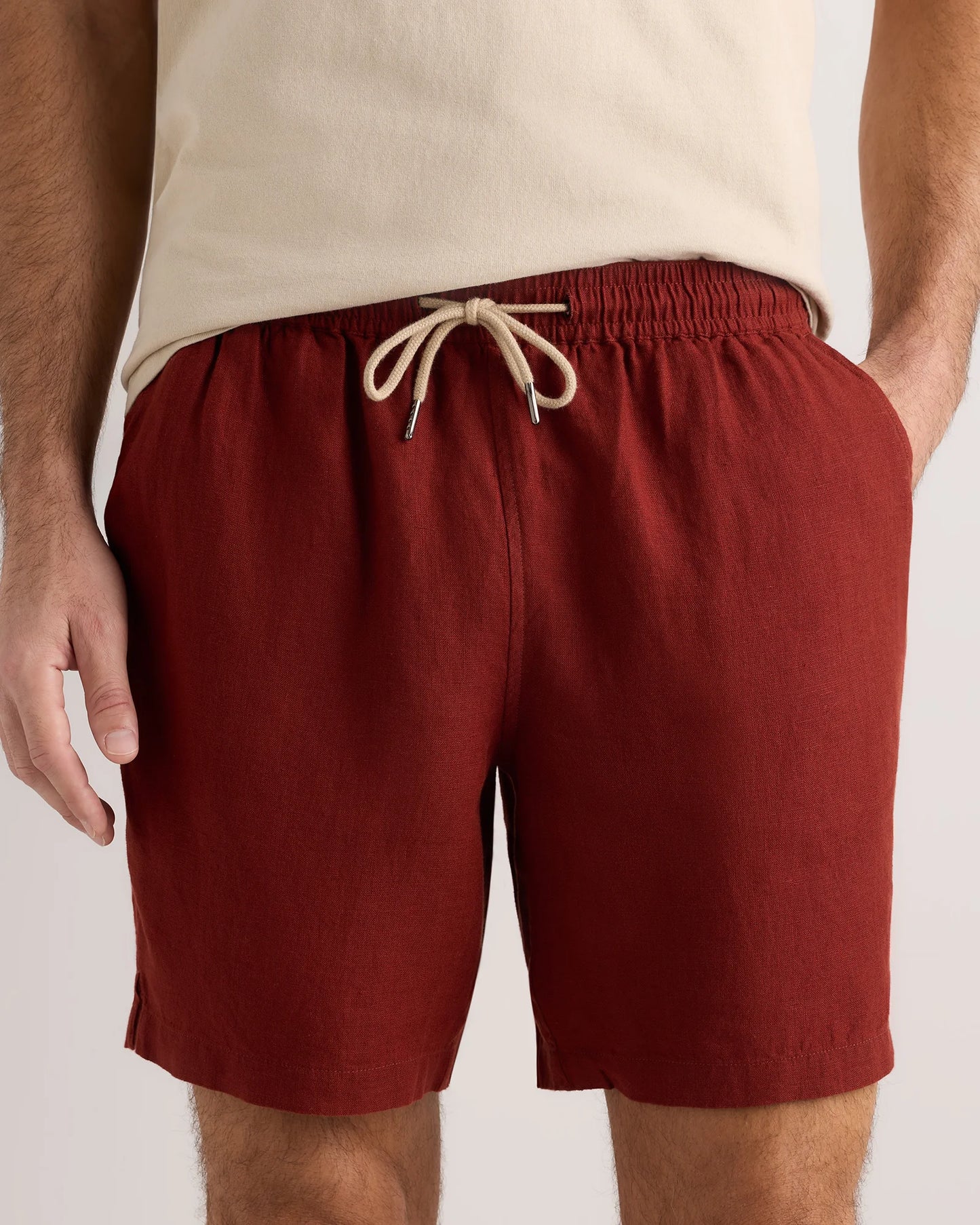 100% European Linen Drawstring Beach Shorts - 7" - XS / Taupe Brown Chambray