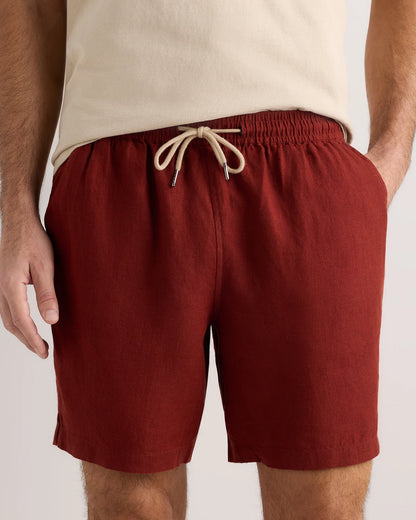 100% European Linen Drawstring Beach Shorts - 7" - XS / Taupe Brown Chambray