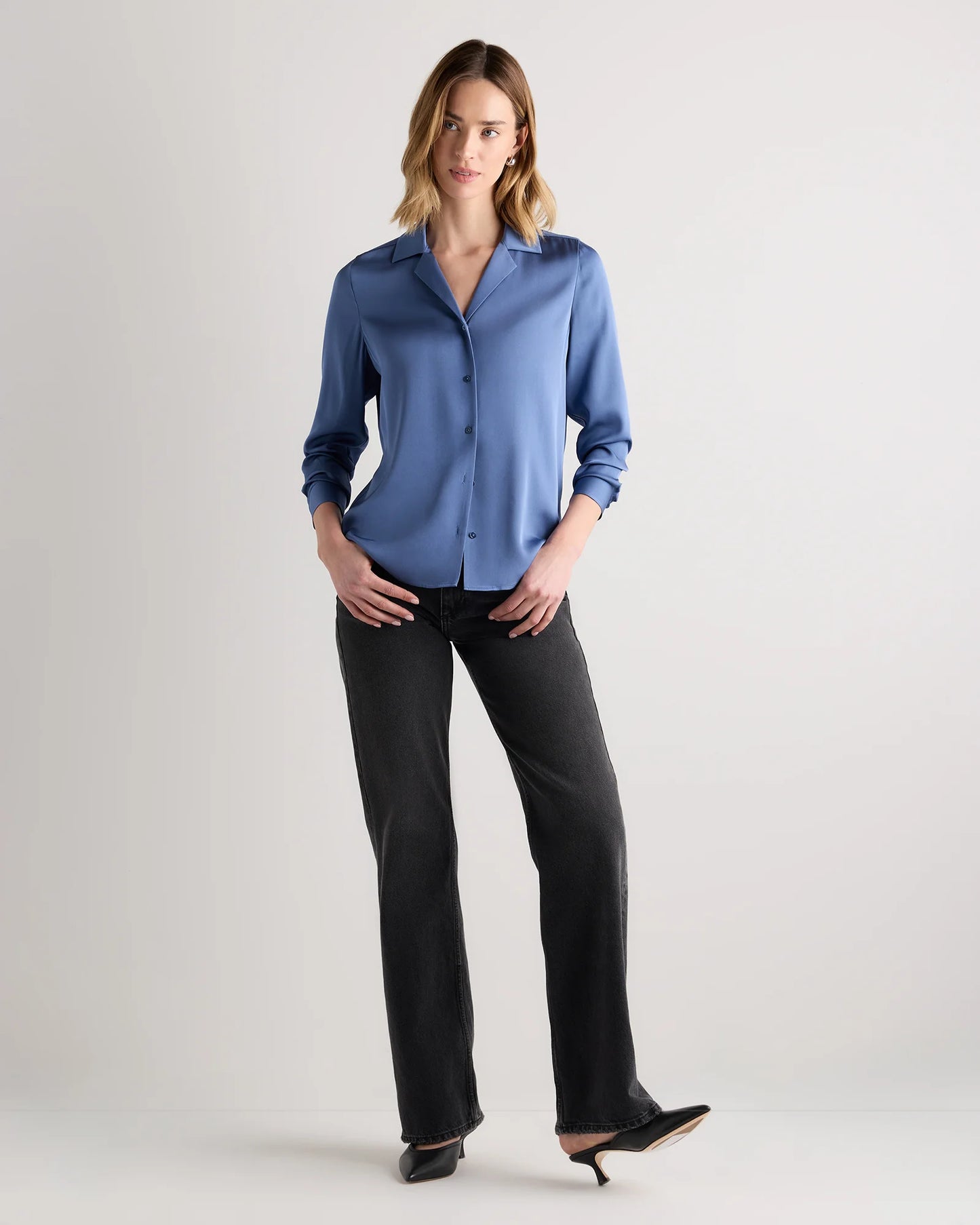 Washable Stretch Silk Notch Collar Blouse - XS / Moonstone Blue