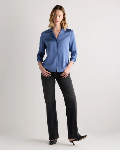 Washable Stretch Silk Notch Collar Blouse - XS / Moonstone Blue