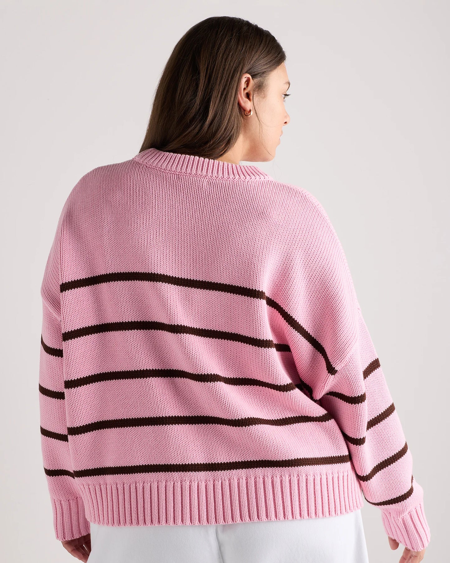 100% Organic Cotton Striped Crew Sweater - 1X / Speckled Beige/Ivory