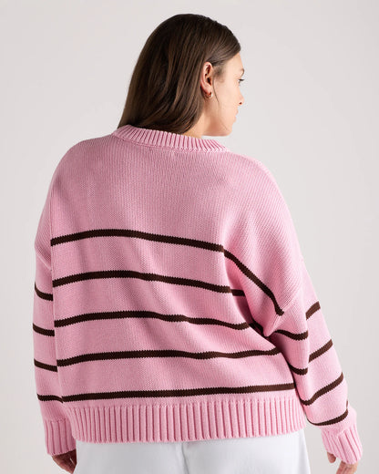 100% Organic Cotton Striped Crew Sweater - 1X / Speckled Beige/Ivory