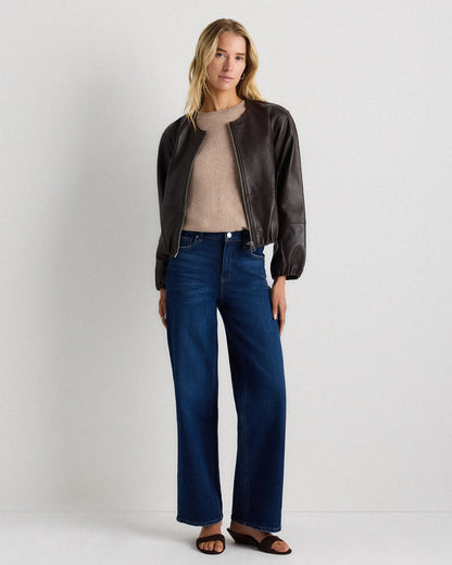 100% Leather Collarless Cropped Bubble Hem Jacket - XS / True Black