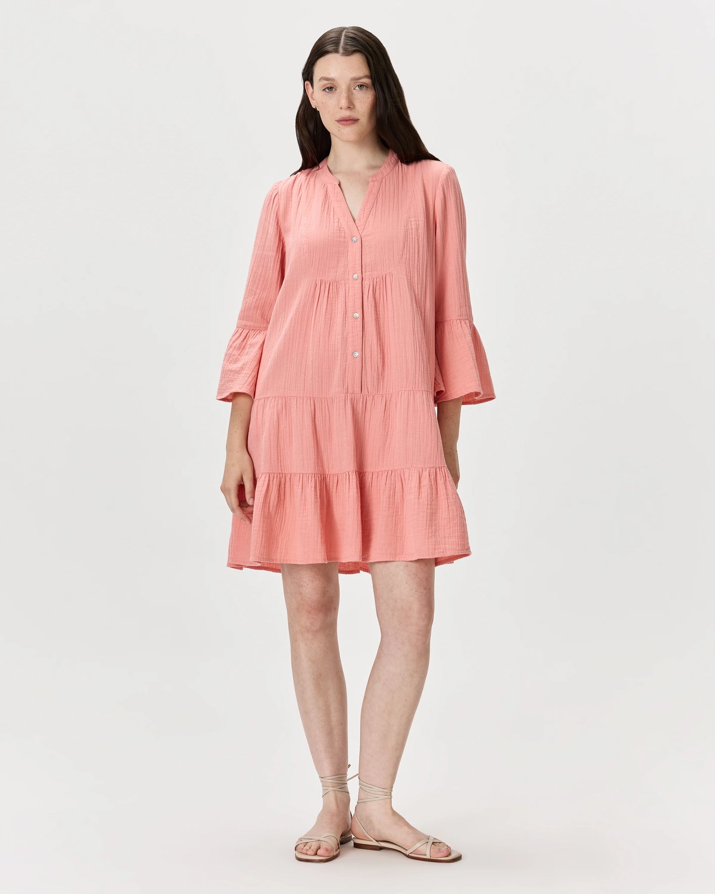100% Organic Cotton Gauze Long Sleeve Tiered Mini Dress - XS / Amaranth Pink
