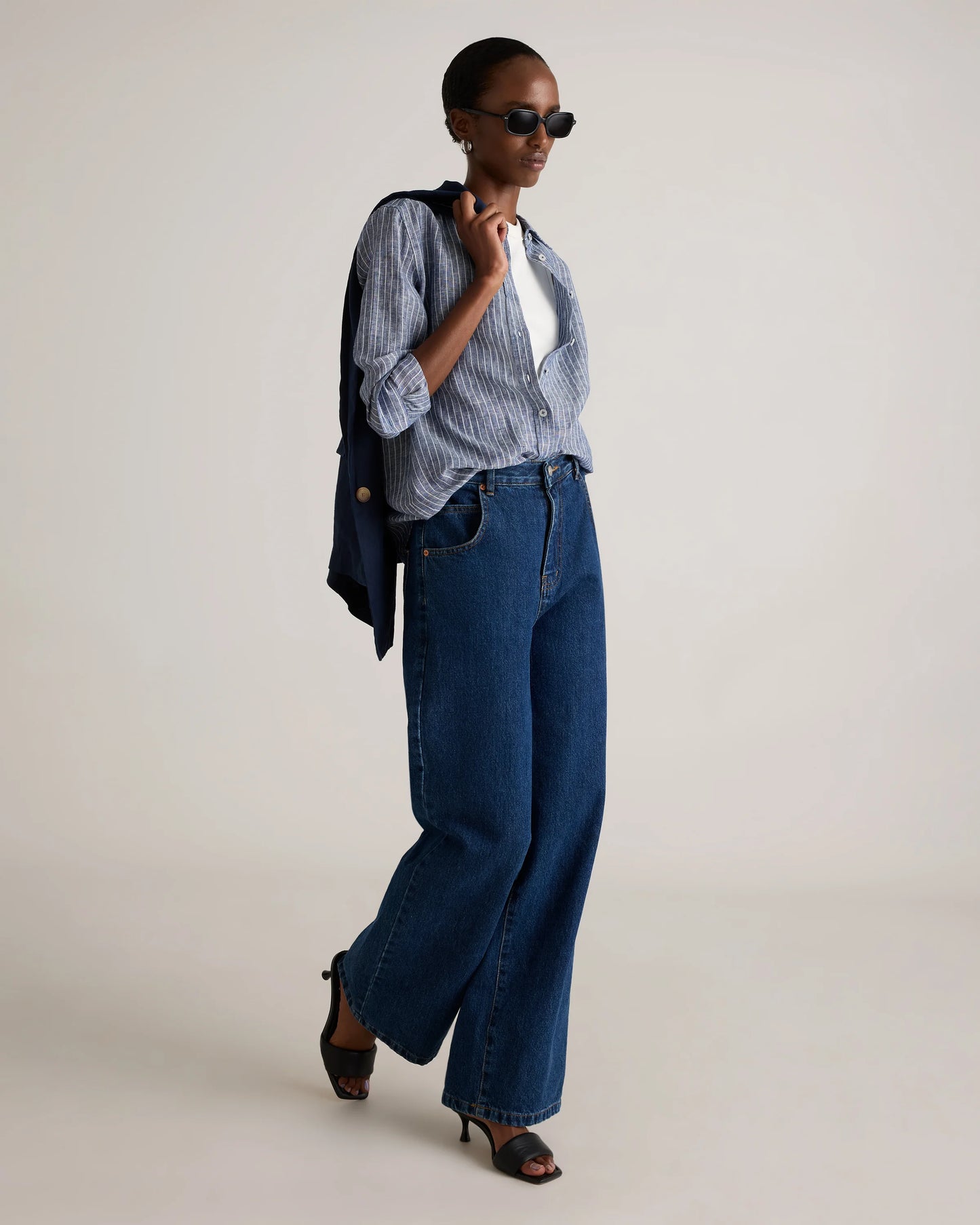 100% European Linen Long Sleeve Shirt - XS / Blue Pinstripe