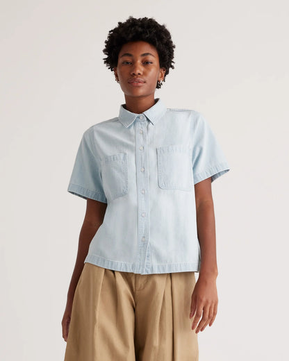 Distressed Denim Short Sleeve Shirt - XS / Light Chambray