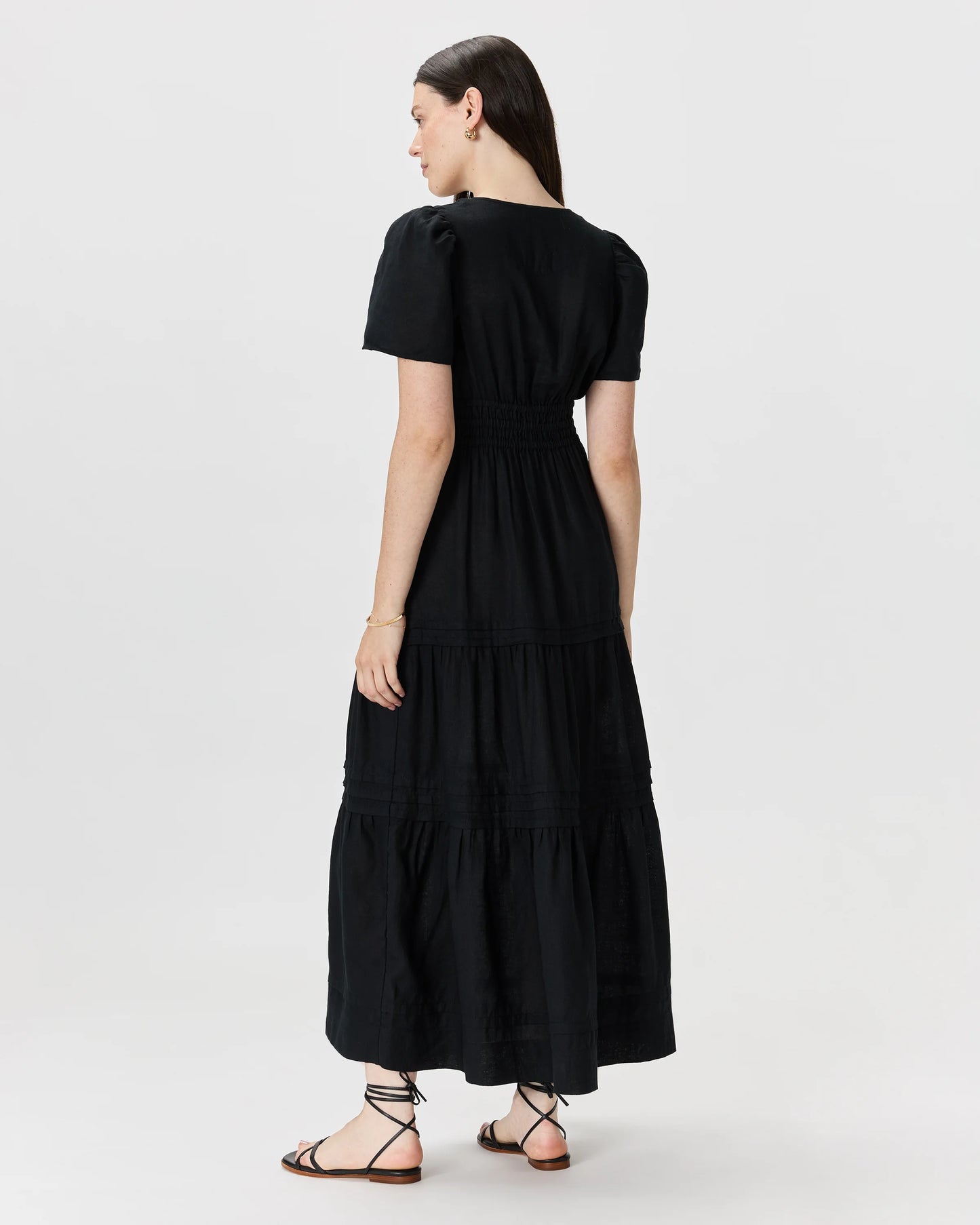100% European Linen Tiered Maxi Dress - XS / Deep Navy