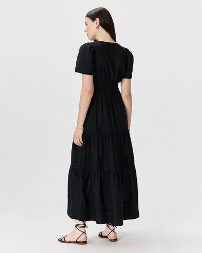 100% European Linen Tiered Maxi Dress - XS / Deep Navy
