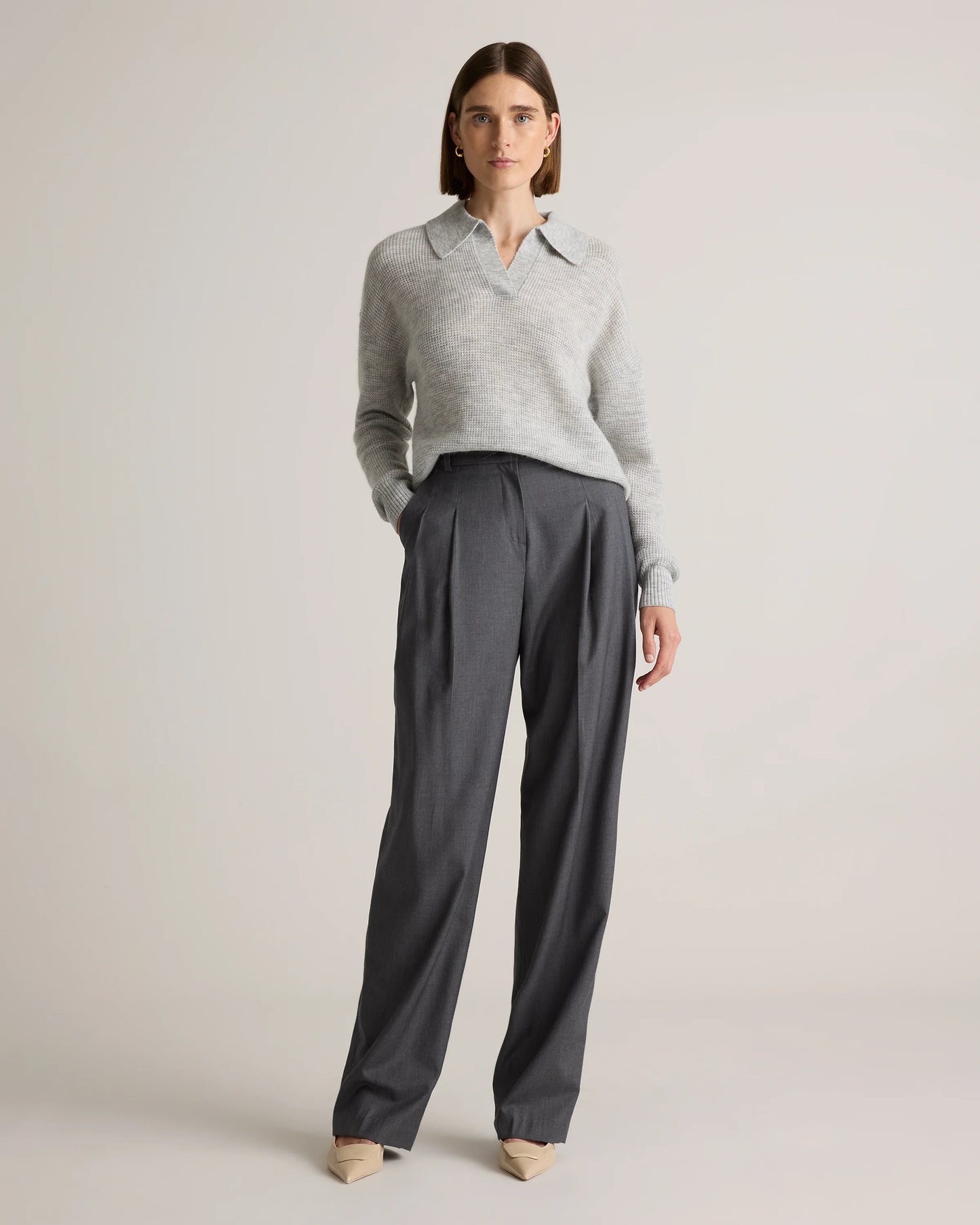 Baby Alpaca-Wool Waffle Stitch Polo Sweater - XS / Ivory