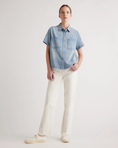 Distressed Denim Short Sleeve Shirt - XS / Light Chambray