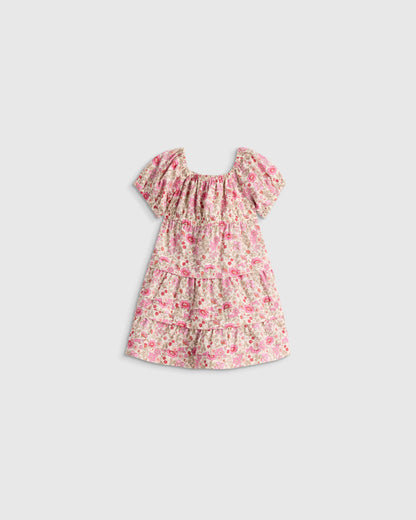 100% Organic Cotton Poplin Tiered Dress - 3-6M / Peach Floral