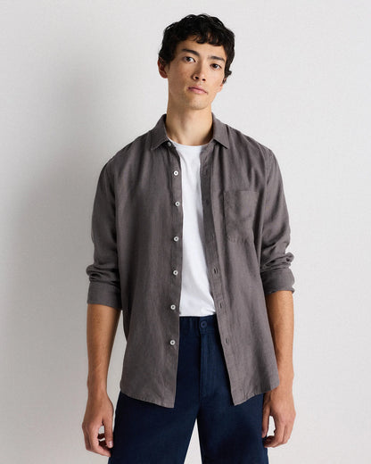 100% European Linen Relaxed Long Sleeve Pocket Shirt - S / Dark Gull Grey