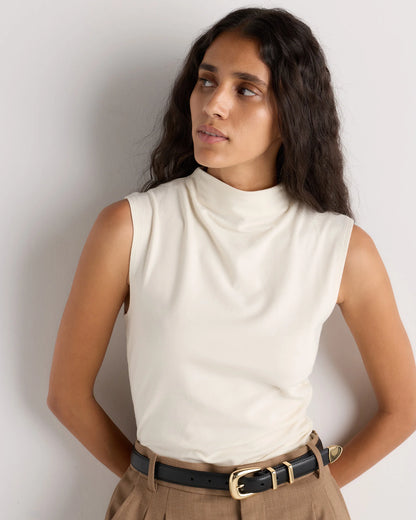 Stretch Cotton Jersey Sleeveless Mock Neck Top - XS / Heather Grey