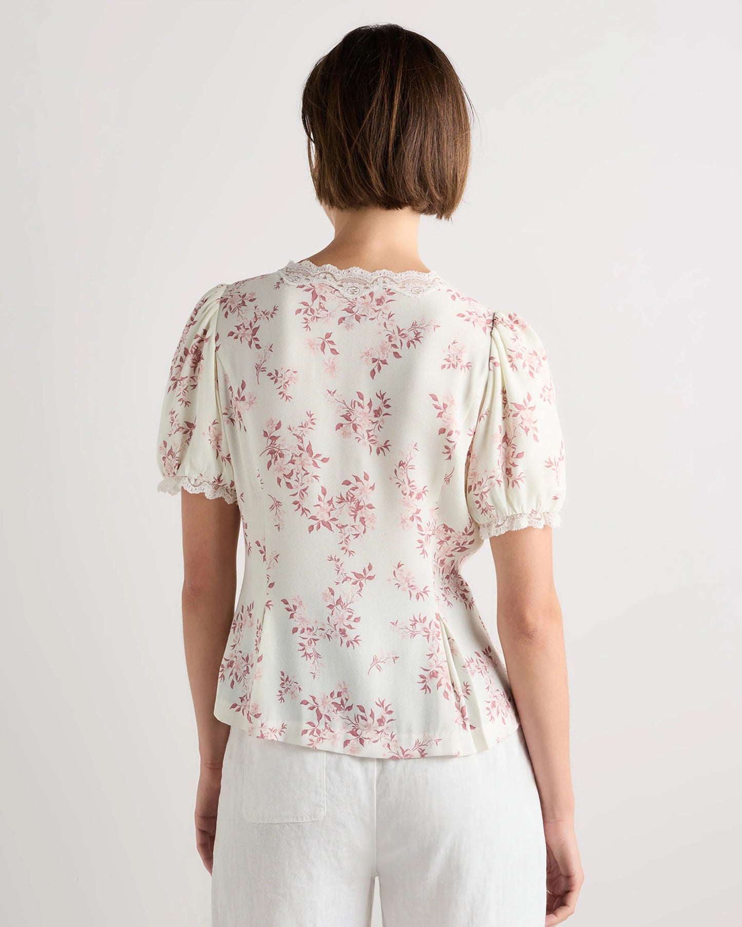 Lightweight Crepe Lace Puff Sleeve Blouse - XS / Ivory Rose Pink Petite Floral