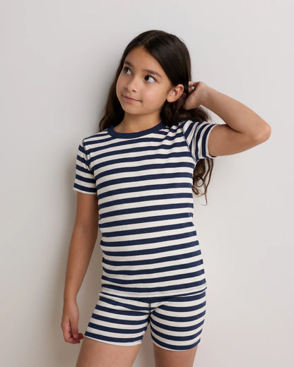 100% Organic Cotton Short Sleeve and Shorts Pajama Set - 6 / Navy Stripe