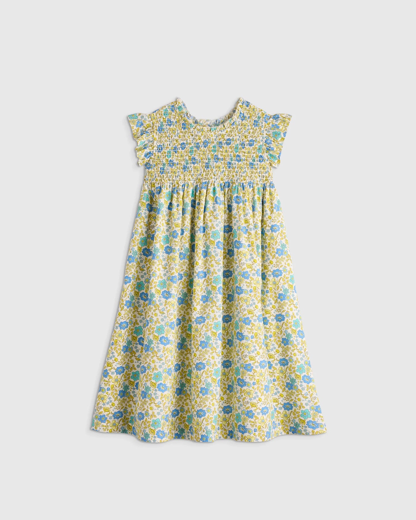 100% Organic Cotton Poplin Smocked Flutter Sleeve Dress - 2T / Blue Ditsy Floral