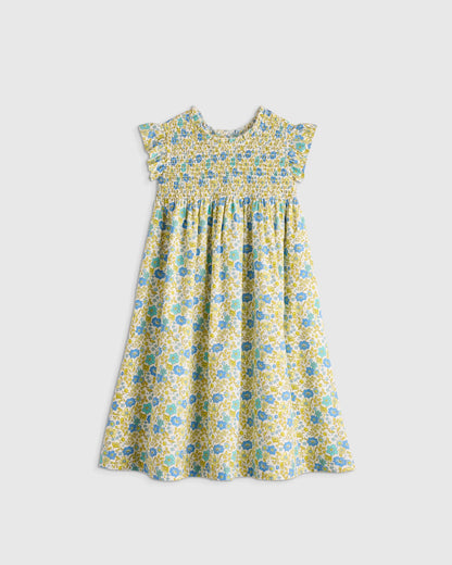 100% Organic Cotton Poplin Smocked Flutter Sleeve Dress - 2T / Blue Ditsy Floral
