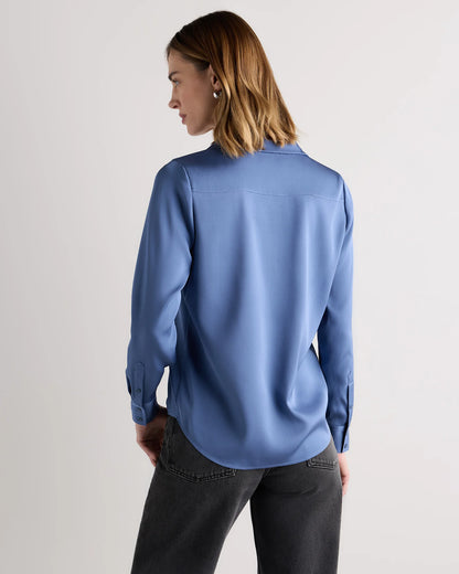 Washable Stretch Silk Notch Collar Blouse - XS / Moonstone Blue