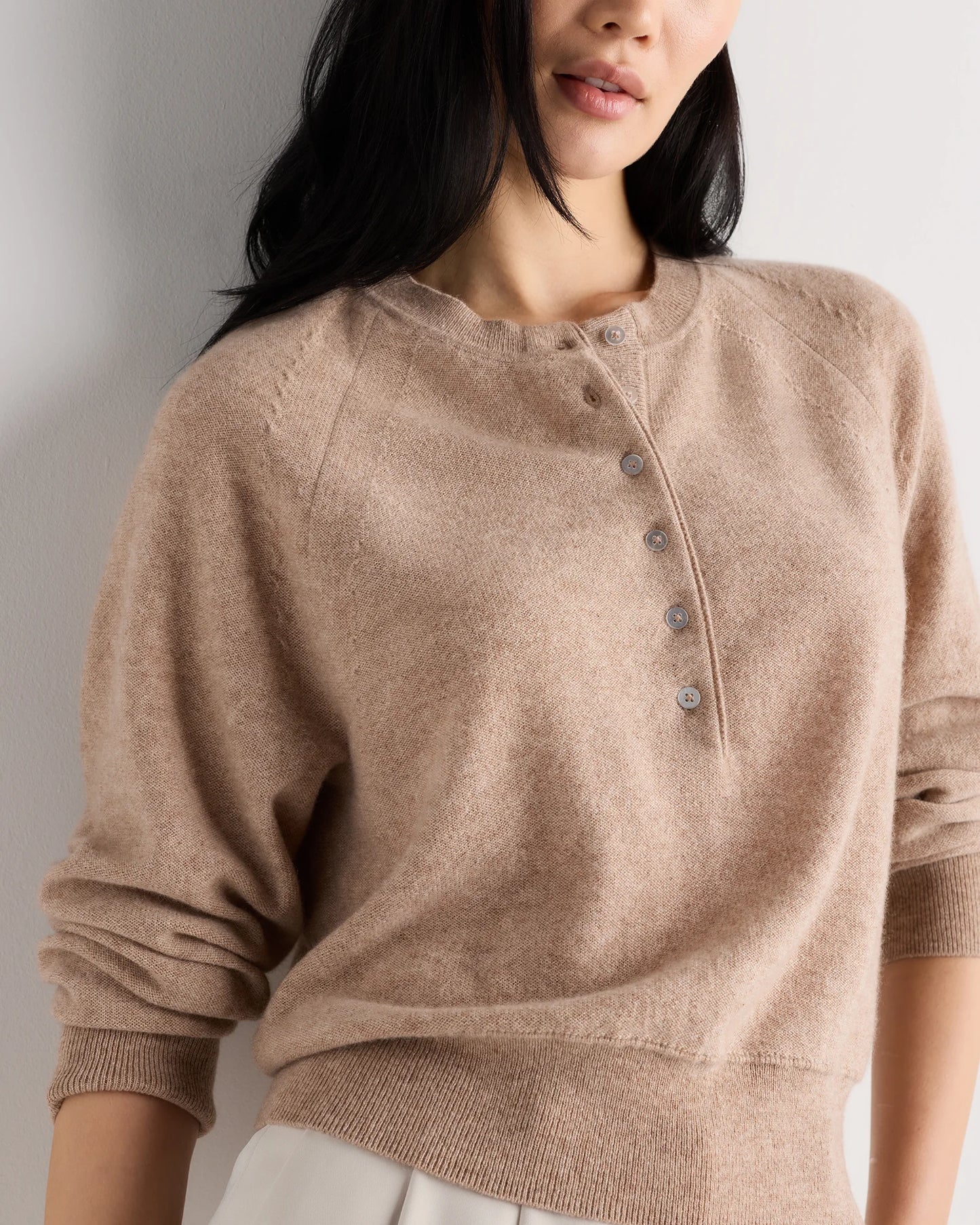 Mongolian Cashmere Dolman Sleeve Henley Sweater - XS / Oatmeal