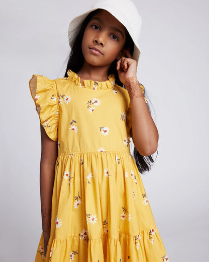 100% Cotton Poplin Ruffle Sleeve Dress - 6 / Golden Daisy