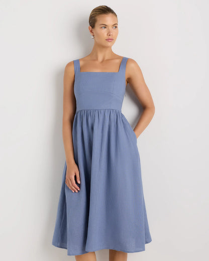 100% European Linen Fit & Flare Midi Dress - XS / Brick Red Heirloom Floral