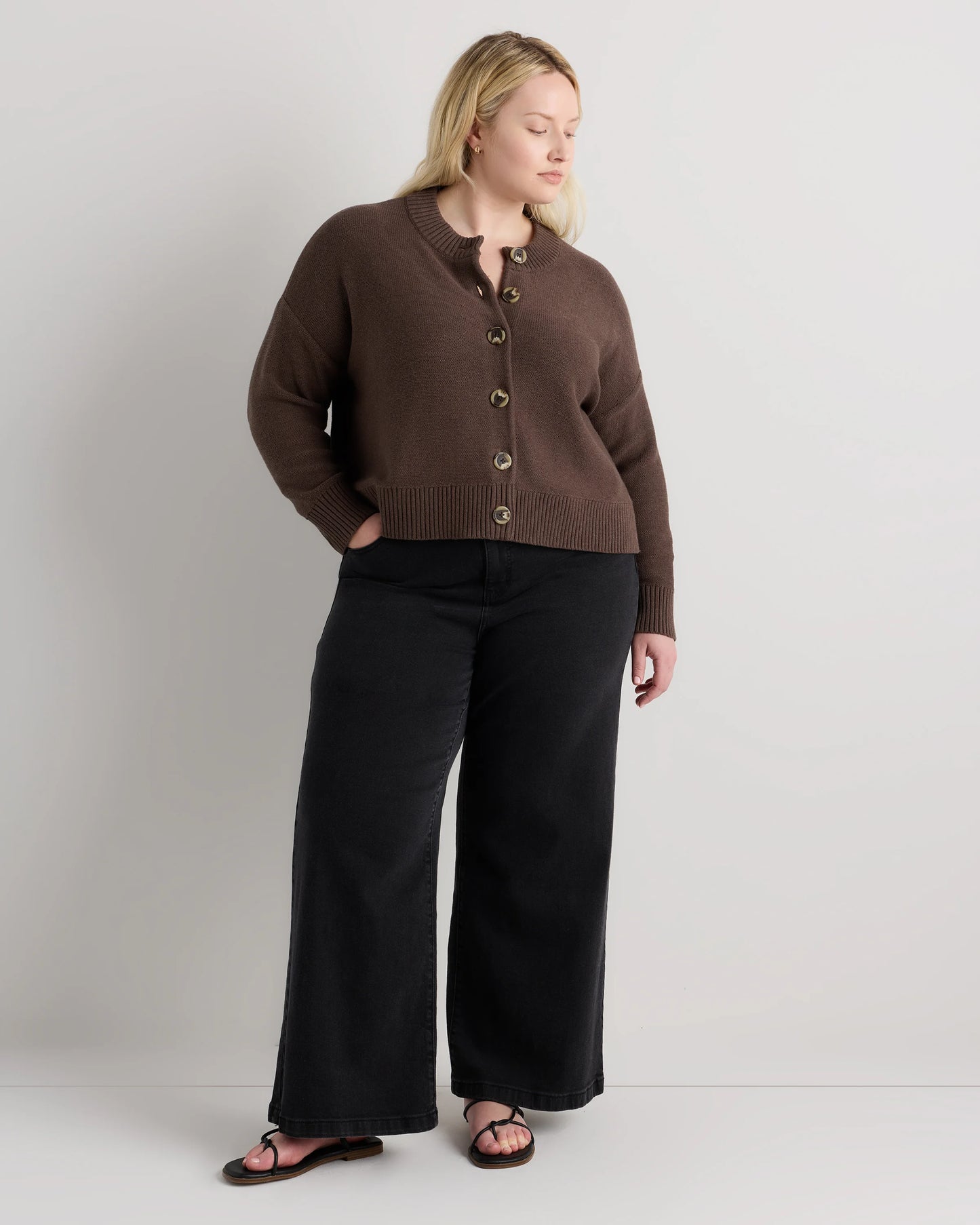 100% Organic Cotton Cropped Cardigan - 1X / Speckled Beige