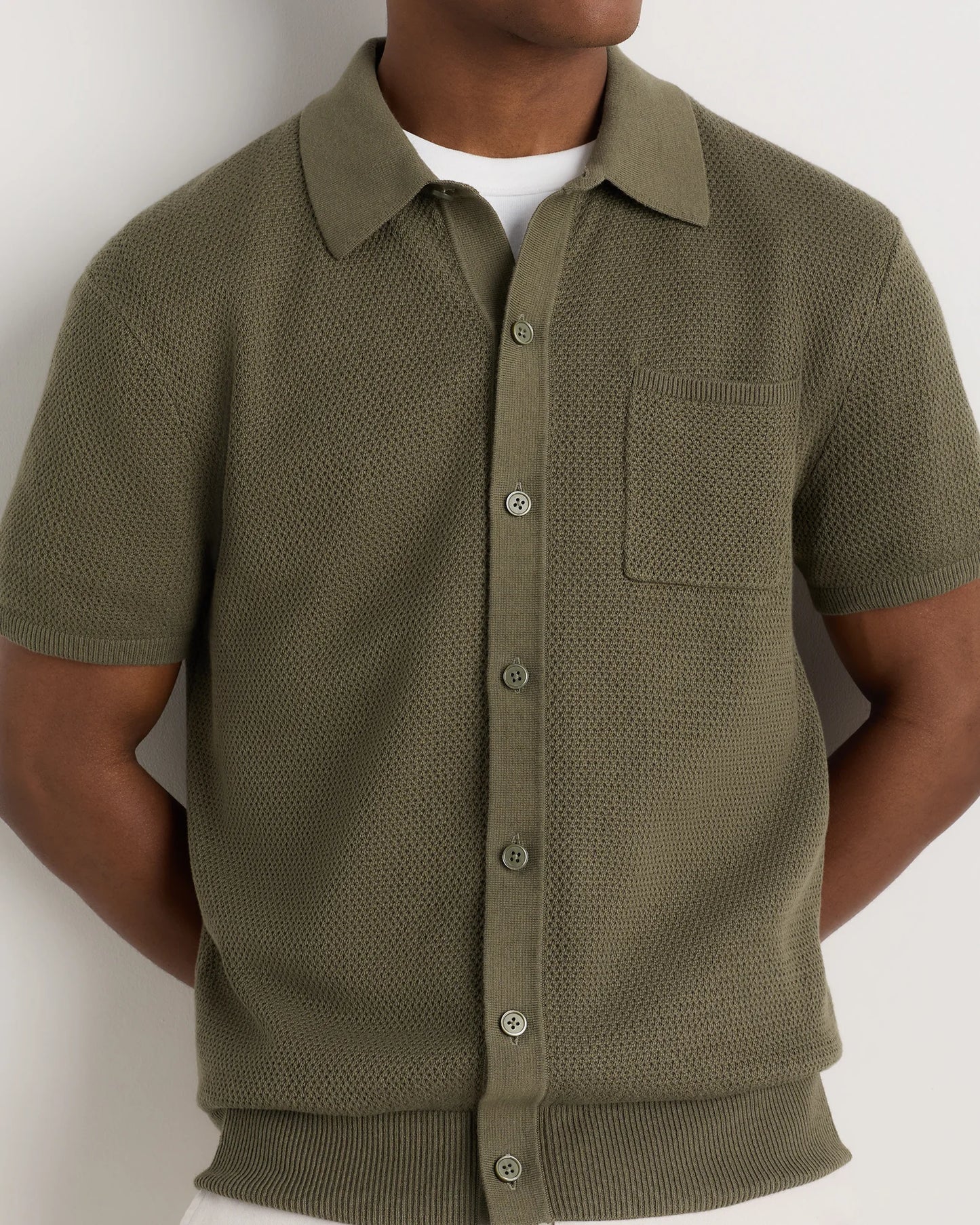 100% Organic Cotton Mesh-Stitch Button-Up Sweater Polo - XS / Speckled Beige