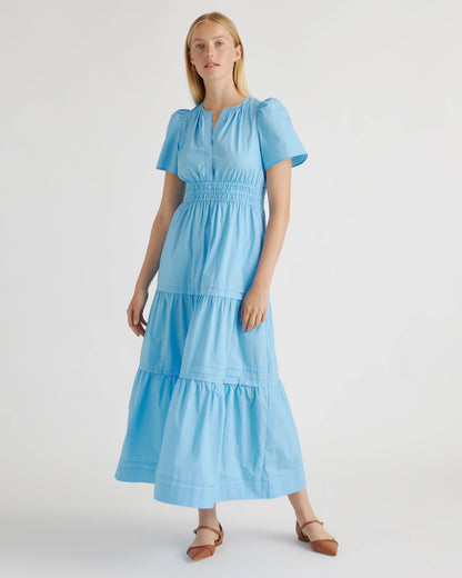 100% Organic Cotton Poplin Tiered Maxi Dress - XS / Riviera Blue Heirloom Floral