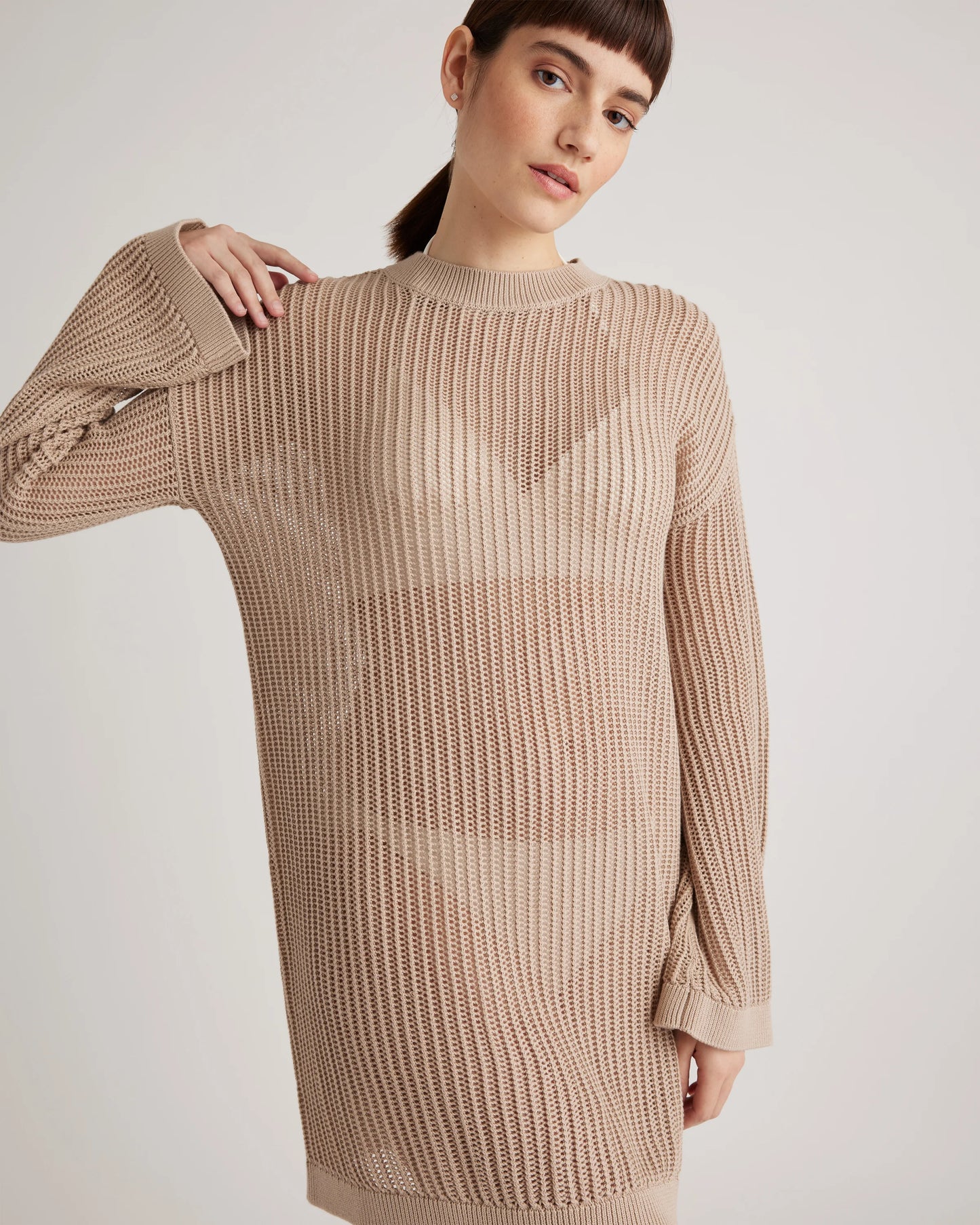 100% Organic Cotton Open-Knit Long Sleeve Cover-Up Mini Dress - XS / Beige