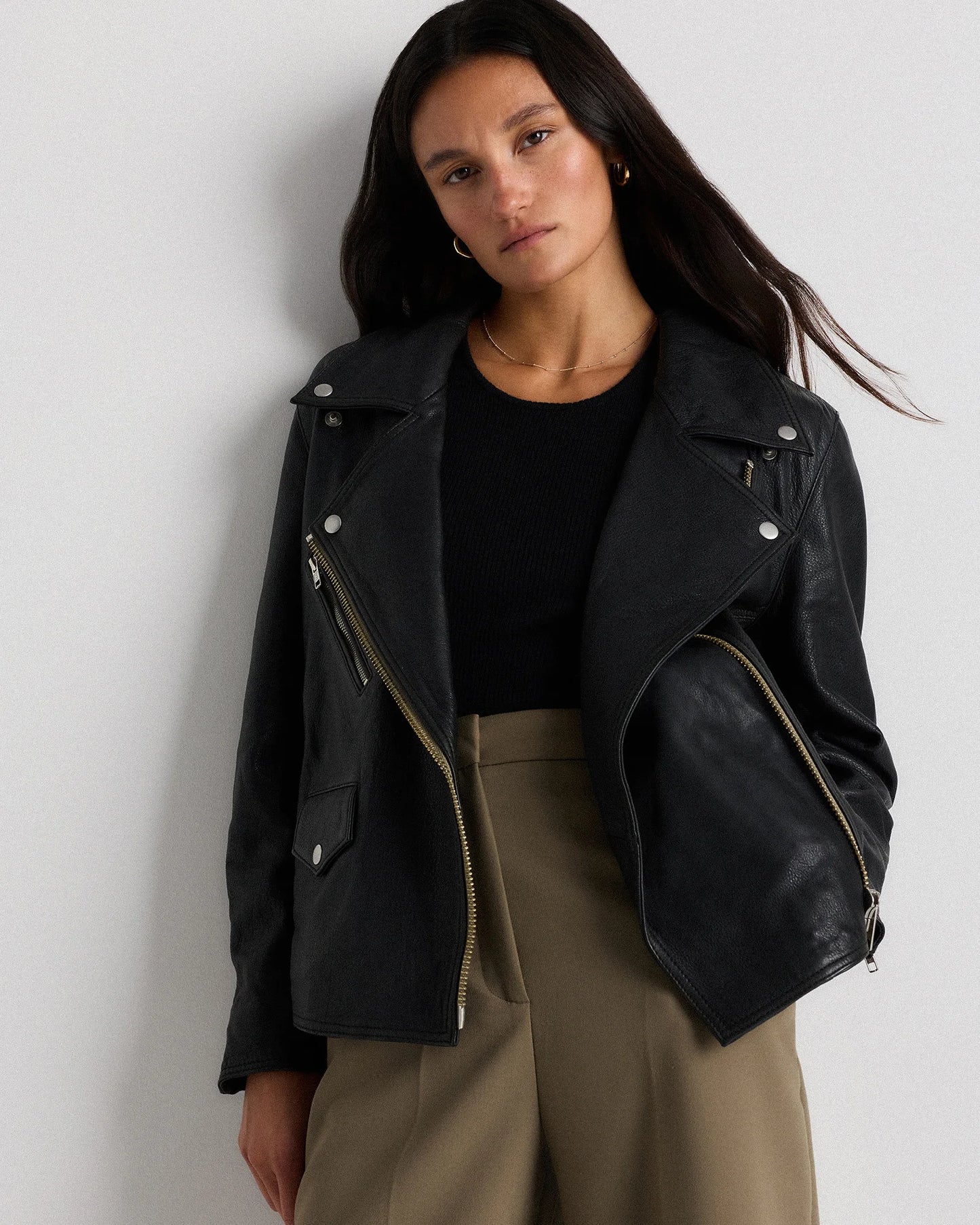 100% Leather Oversized Biker Jacket - XS / True Black