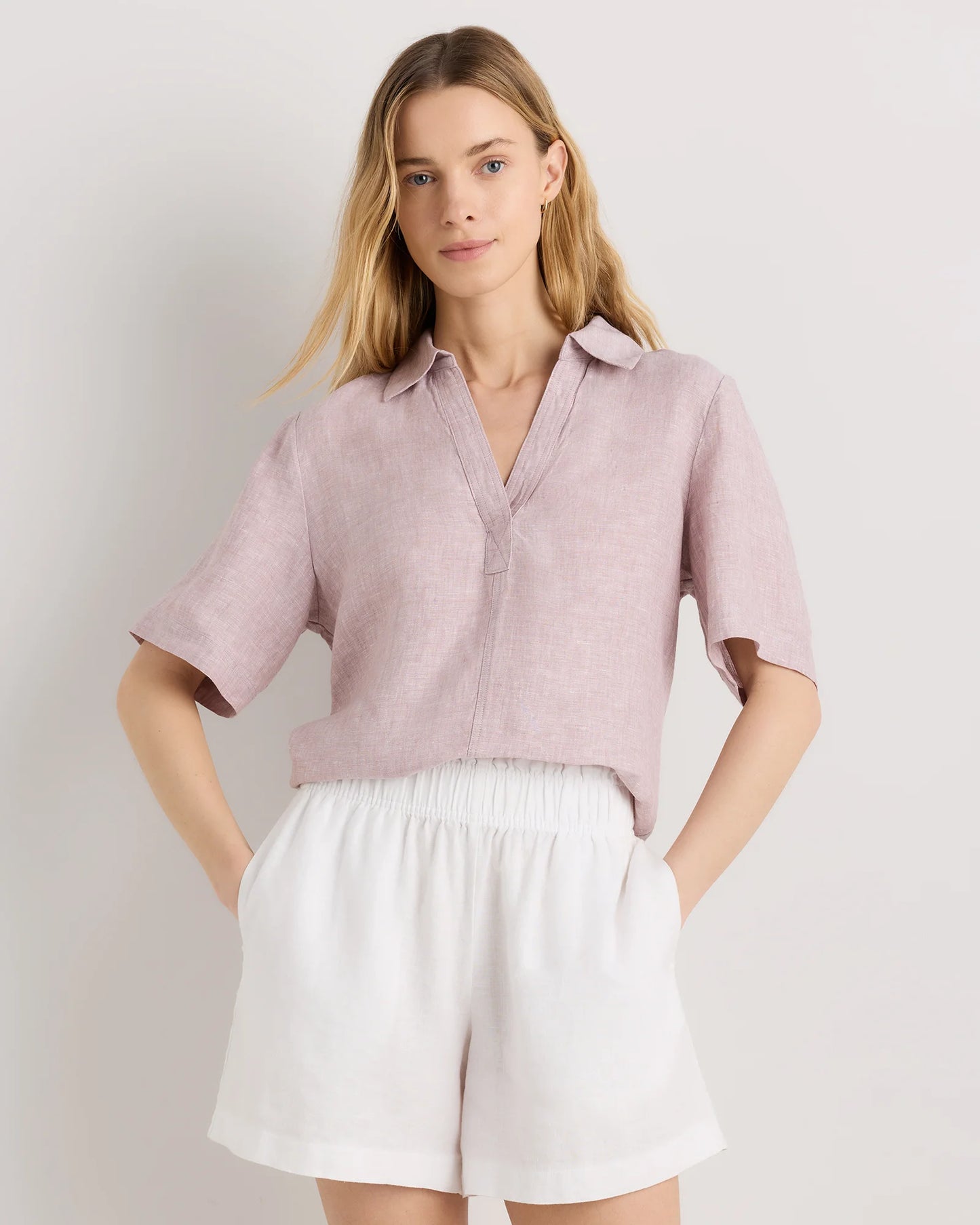 100% European Linen Short Sleeve Popover Top - XS / Blue Pinstripe