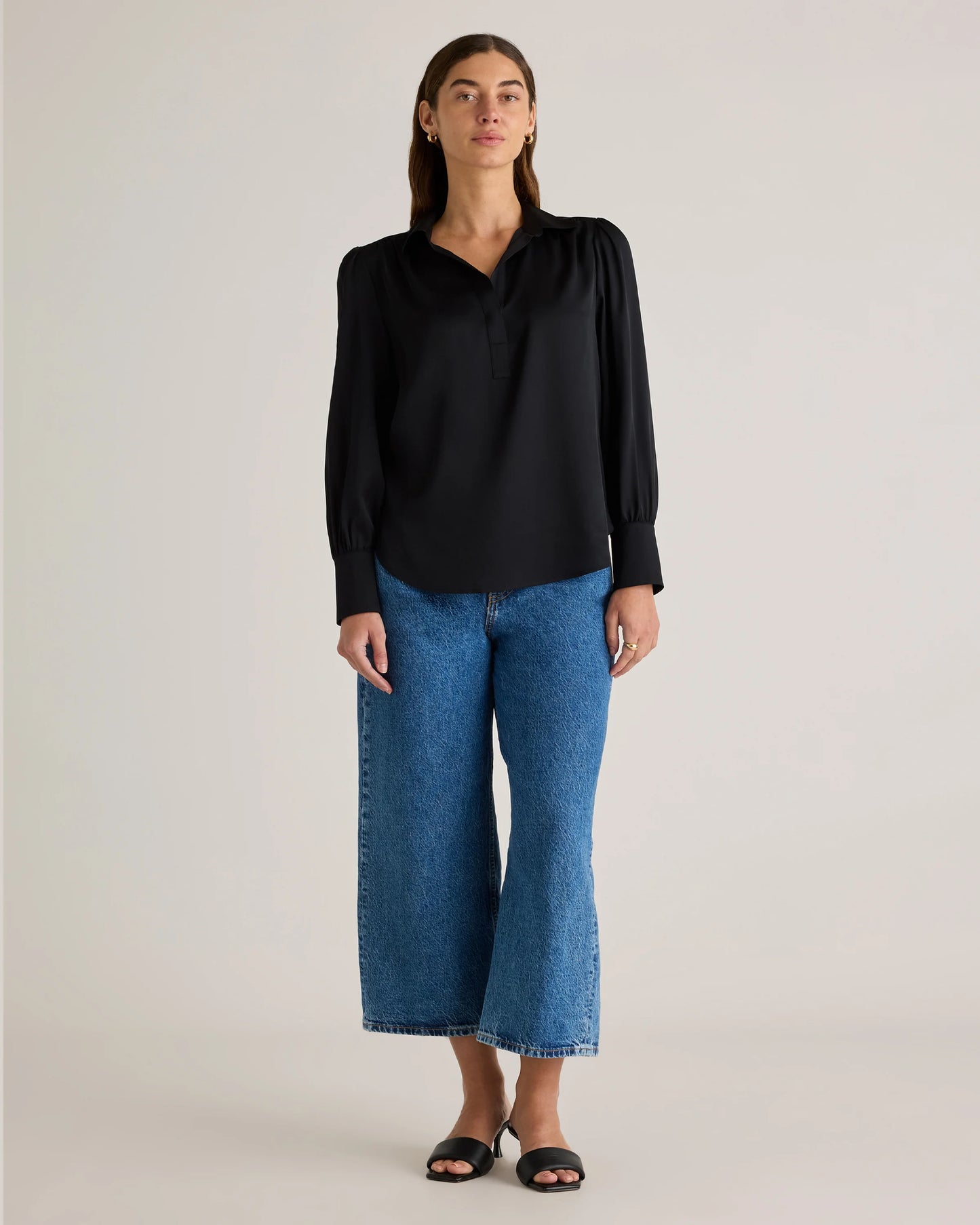 Washable Stretch Silk Split Neck Blouse - XS / Forest Green