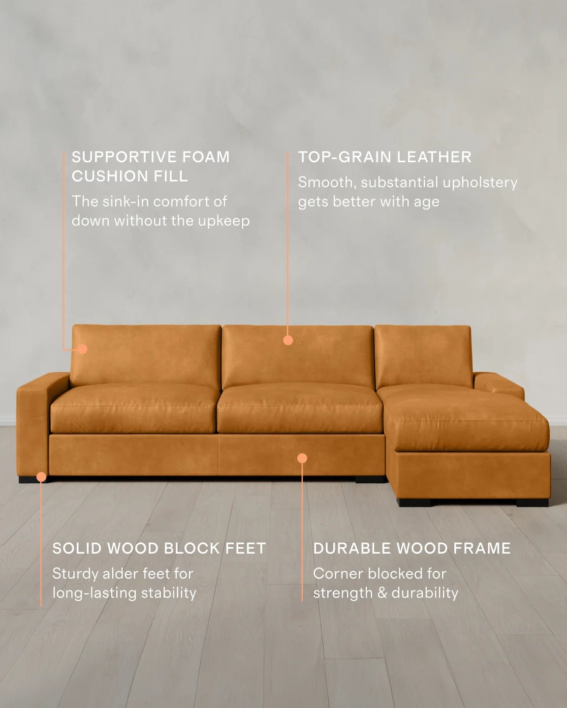 Stillman Chaise Sectional in Leather - 116" Right Arm / Auburn
