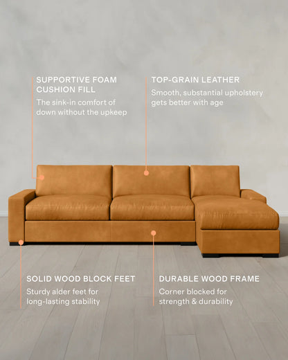 Stillman Chaise Sectional in Leather - 116" Right Arm / Auburn