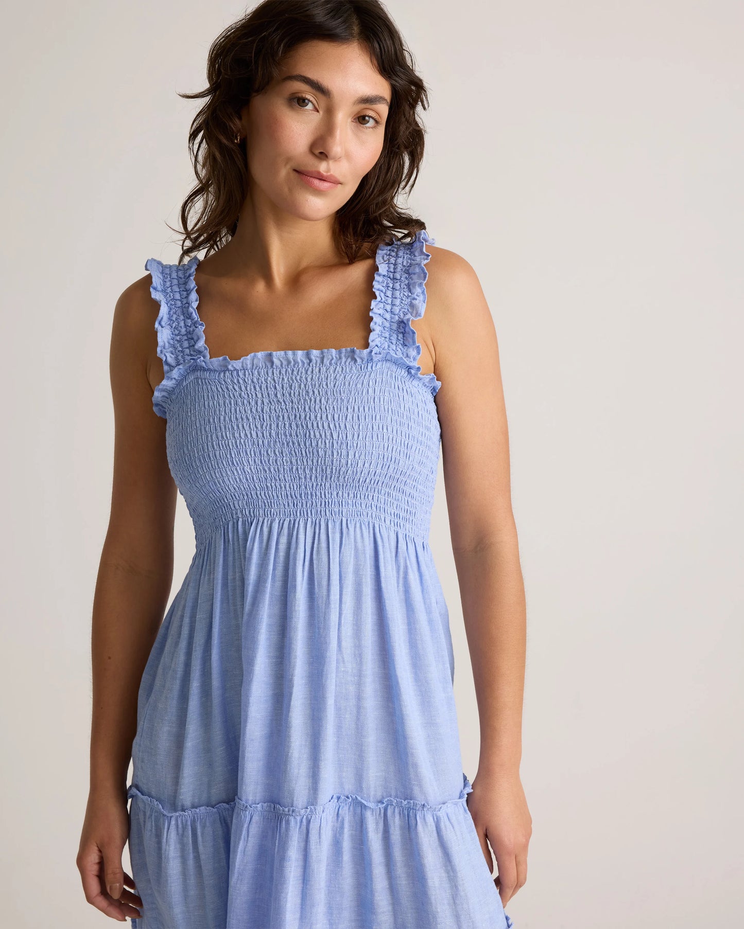 100% European Linen Smocked Midi Dress - XS / Ivory Porcelain Blue Petite Floral