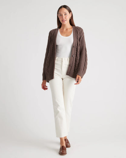 100% Organic Cotton Oversized Cable Cardigan - XS / Heather Brown