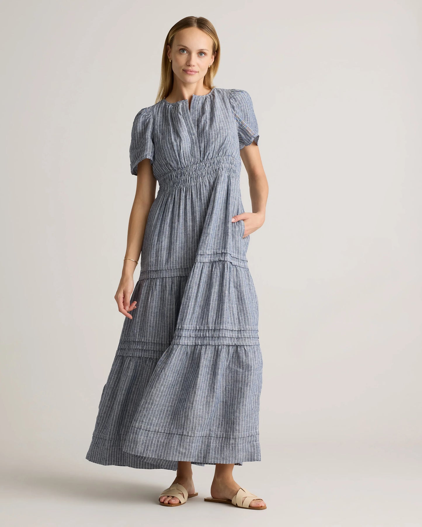100% European Linen Tiered Maxi Dress - XS / Ivory Porcelain Blue Petite Floral